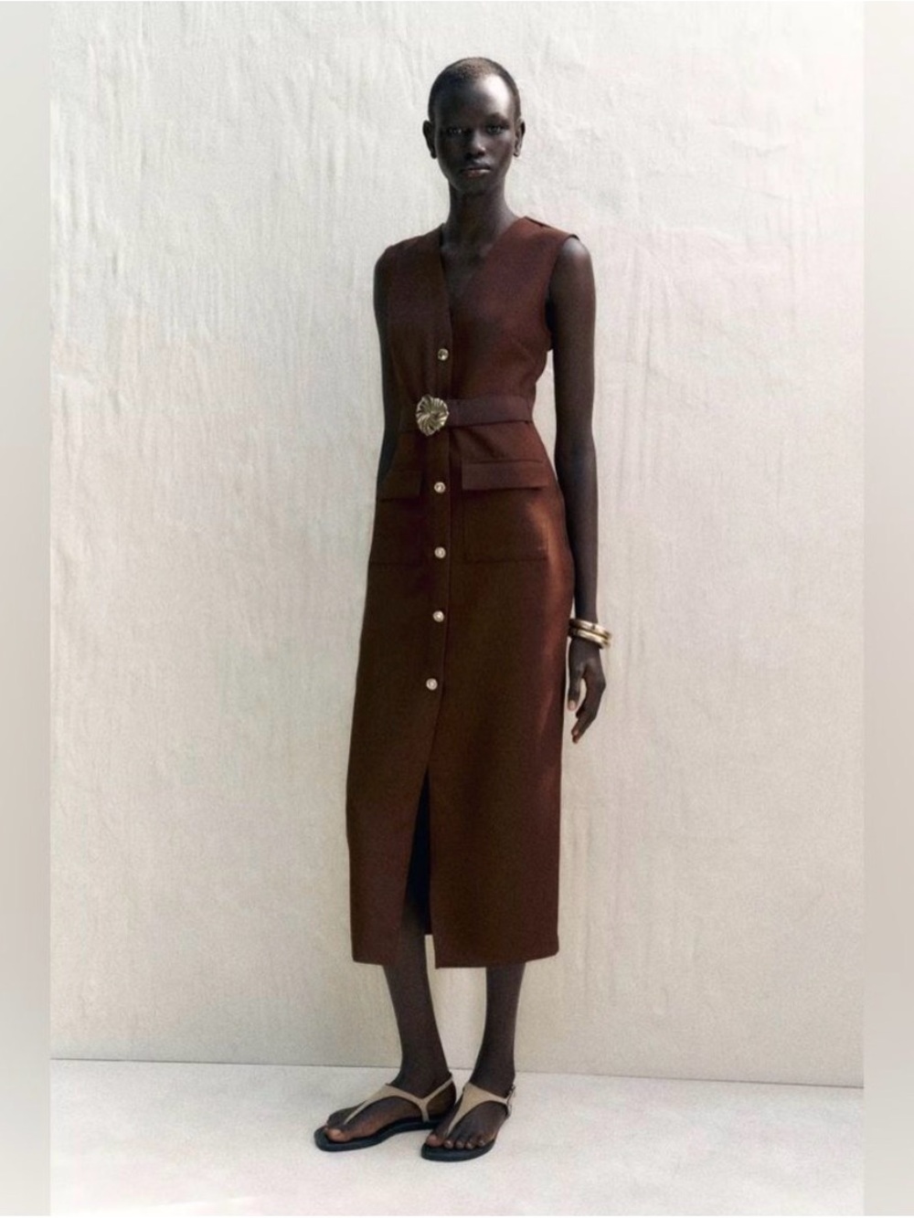 Zara Chocolate Brown Sleeveless Midi Dress-Skirt with Front Buttons